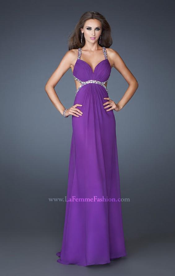Picture of: Long Chiffon Prom Gown with Beaded Straps and Cut Outs in Purple, Style: 18888, Main Picture