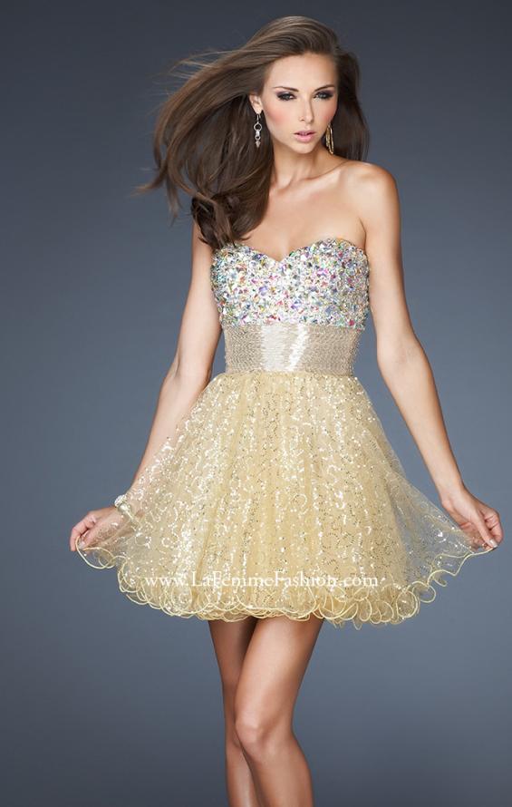 Picture of: Short A-line Prom Dress with Metallic Beaded Bodice in Gold, Style: 18902, Detail Picture 1