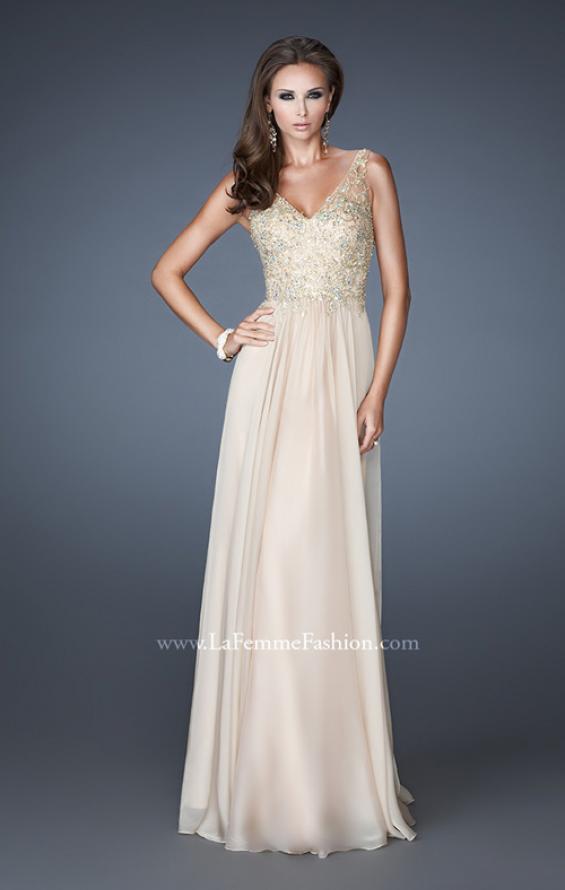 Picture of: Long Chiffon Prom Dress with Beaded Lace Bodice in Nude, Style: 18932, Main Picture