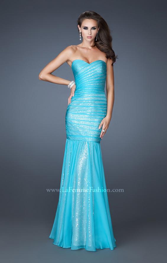 Picture of: Strapless Ruched Mermaid Dress with Sequin Underlay in Blue, Style: 18949, Detail Picture 1