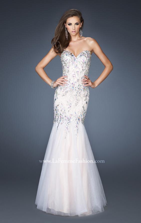 Picture of: Long Fitted Embellished Mermaid Dress with Tulle Skirt in White, Style: 19036, Main Picture