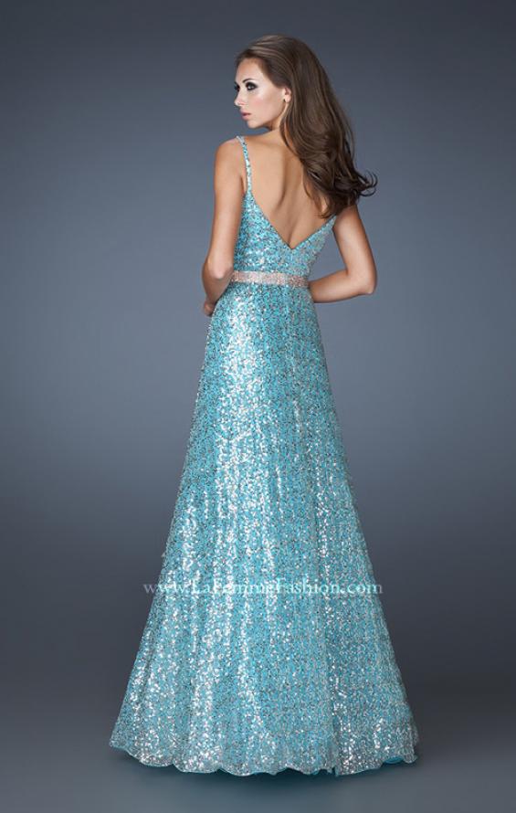 Picture of: Sequin Long Ball Gown with Beaded Belt in Blue, Style: 19136, Back Picture