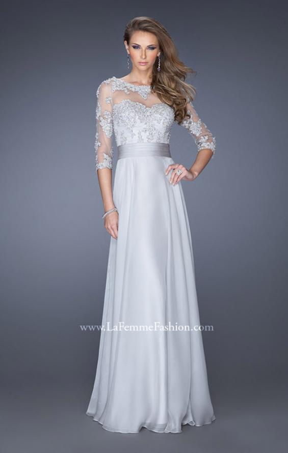 Picture of: Long Chiffon Dress with Illusion Beaded Lace Sleeves in Silver, Style: 19137, Main Picture
