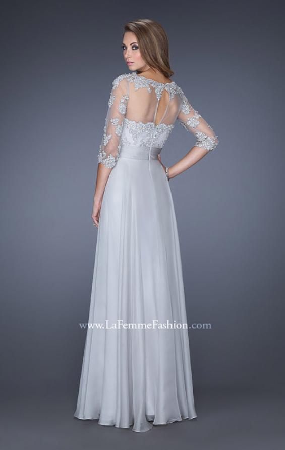 Picture of: Long Chiffon Dress with Illusion Beaded Lace Sleeves in Silver, Style: 19137, Back Picture