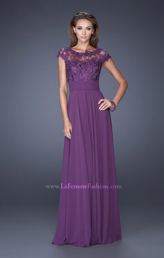 Picture of: A-line Chiffon Dress with Sheer Illusion Lace Cap Sleeves in Purple, Style: 19142, Main Picture