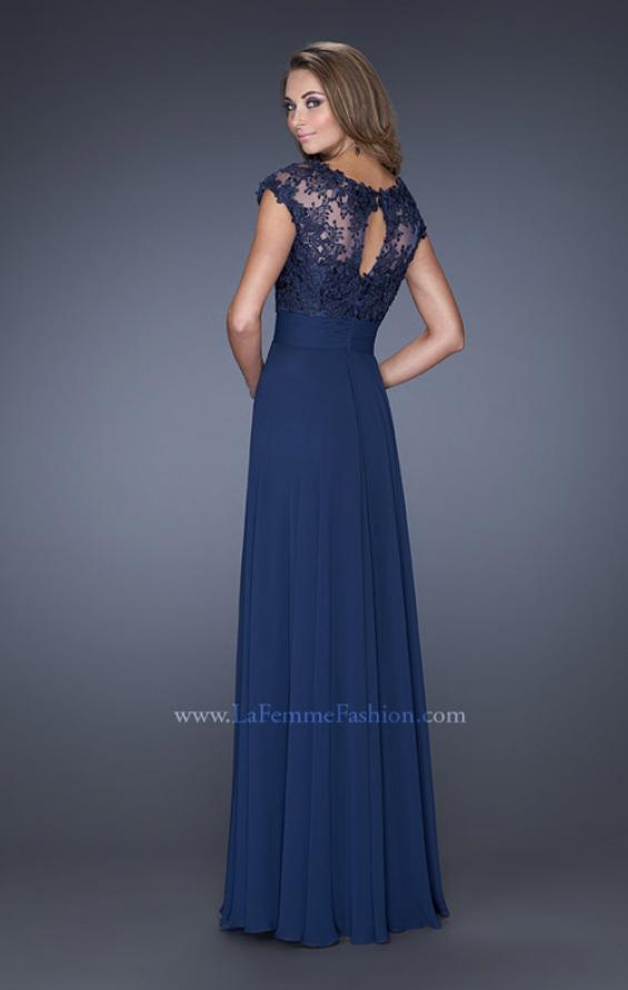 Picture of: A-line Chiffon Dress with Sheer Illusion Lace Cap Sleeves in Blue, Style: 19142, Back Picture
