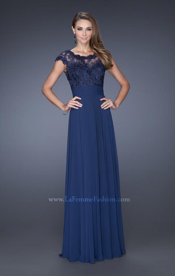 Picture of: A-line Chiffon Dress with Sheer Illusion Lace Cap Sleeves in Blue, Style: 19142, Detail Picture 2
