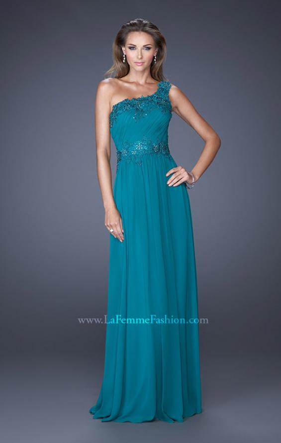 Picture of: One Shoulder Chiffon Gown with Lace Beading on Bodice in Blue, Style: 19148, Main Picture