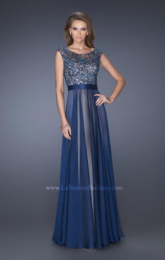 Picture of: Long Chiffon Gown with Overlay Embellished Lace in Blue, Style: 19150, Main Picture