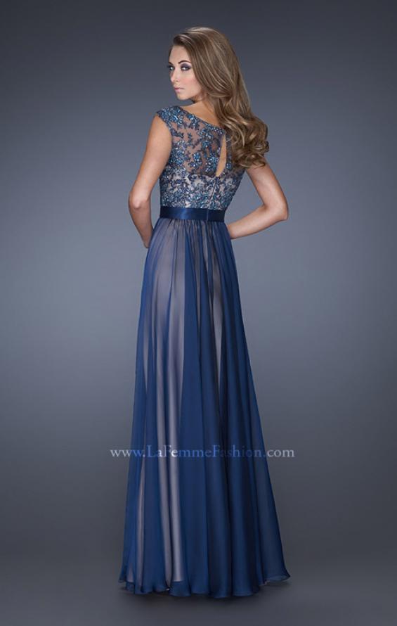 Picture of: Long Chiffon Gown with Overlay Embellished Lace in Blue, Style: 19150, Back Picture