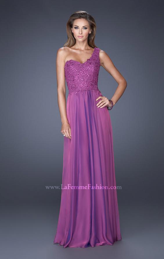 Picture of: One Shoulder Chiffon Prom Dress with Embellished Lace Bodice in Purple, Style: 19162, Detail Picture 1