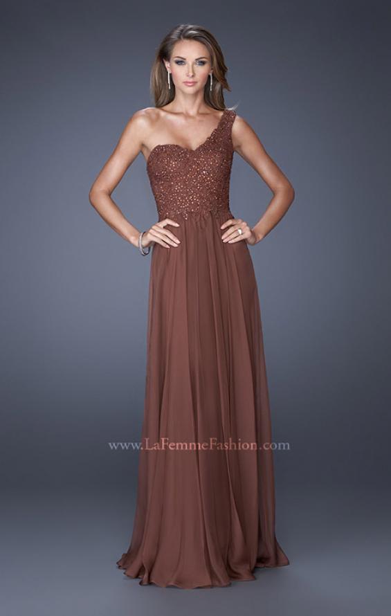 Picture of: One Shoulder Chiffon Prom Dress with Embellished Lace Bodice in Brown, Style: 19162, Detail Picture 2