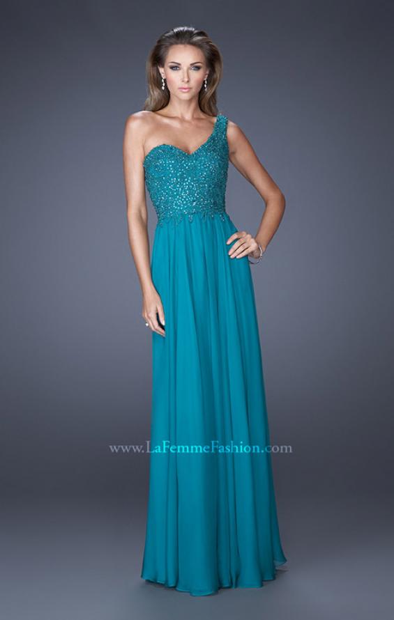 Picture of: One Shoulder Chiffon Prom Dress with Embellished Lace Bodice in Blue, Style: 19162, Detail Picture 3