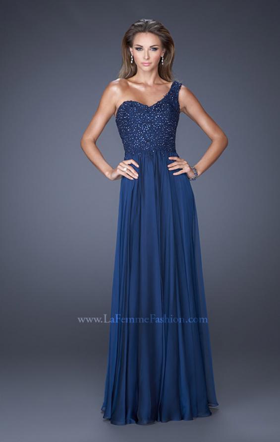 Picture of: One Shoulder Chiffon Prom Dress with Embellished Lace Bodice in Blue, Style: 19162, Detail Picture 4