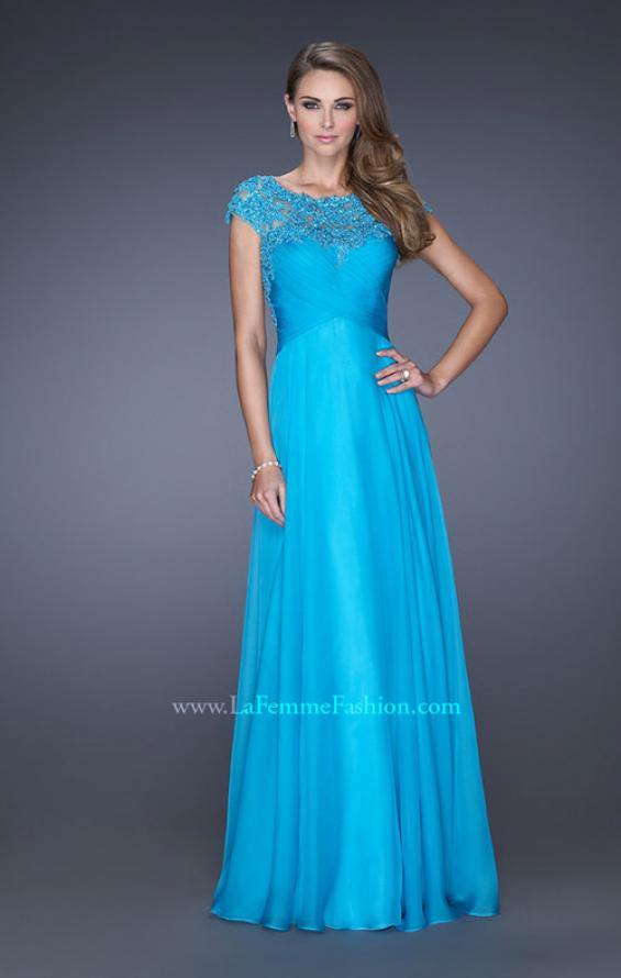 Picture of: Long Prom Dress with Fitted Bodice and Illusion Sleeves in Blue, Style: 19232, Main Picture