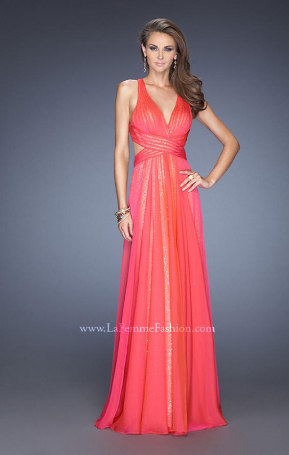 Picture of: Long Chiffon Prom Dress with Sequin Underlay in Orange, Style: 19255, Detail Picture 1