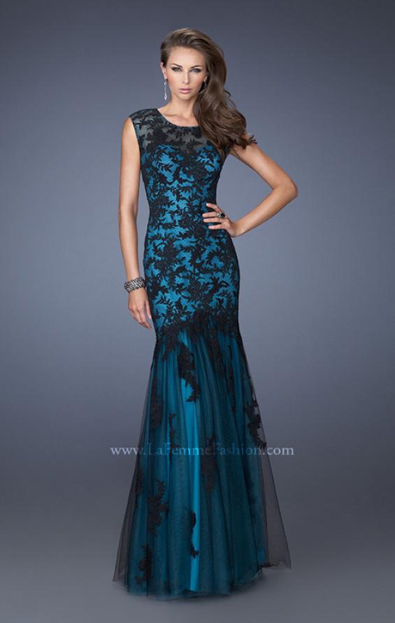 Picture of: Fitted Mermaid Prom Dress with Contrasting Lace in Blue, Style: 19264, Main Picture