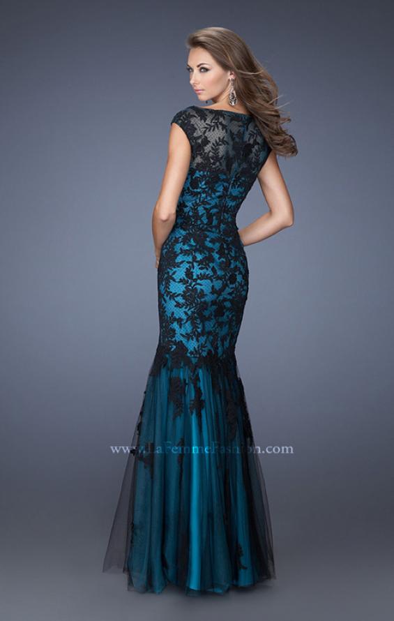 Picture of: Fitted Mermaid Prom Dress with Contrasting Lace in Blue, Style: 19264, Back Picture