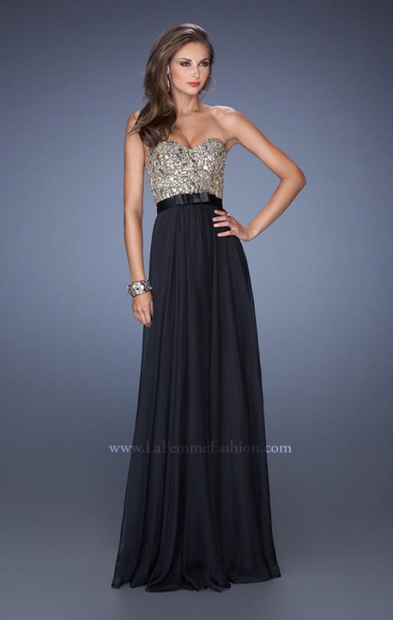 Picture of: Long Strapless Chiffon Prom Dress with Satin Bow Belt in Black, Style: 19282, Detail Picture 1