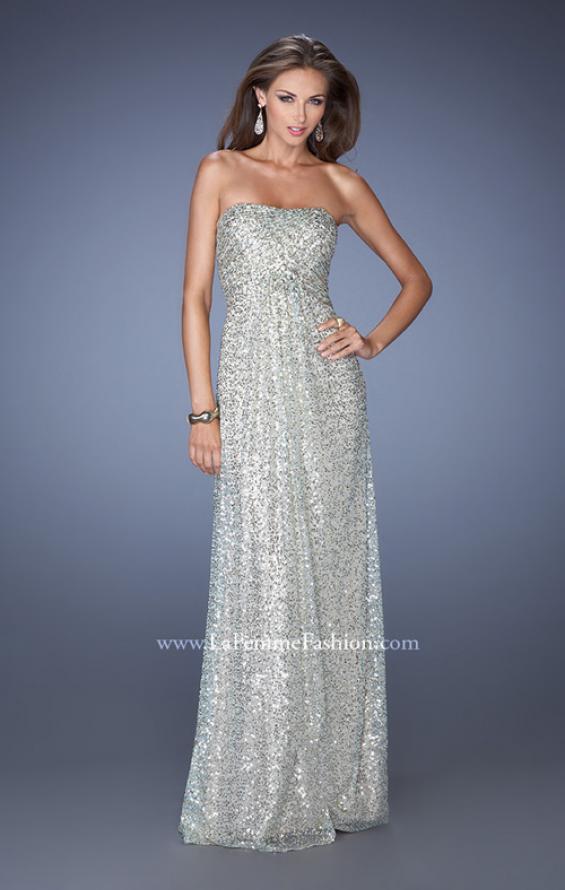 Picture of: Long Strapless Sequin Prom Gown with Open Back in Silver, Style: 19298, Detail Picture 1