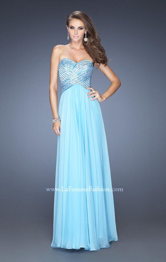 Picture of: Strapless Long Chiffon Prom Dress with Bejeweled Bodice in Blue, Style: 19321, Detail Picture 1
