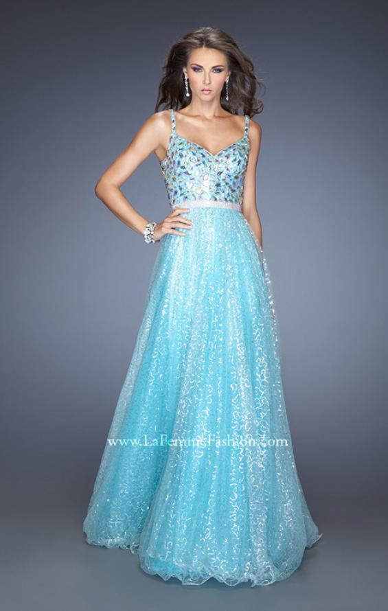 Picture of: Long A-line Prom Gown with a Bedazzled Bodice in Blue, Style: 19350, Main Picture