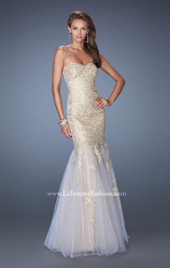 Picture of: Strapless Long Mermaid Prom Dress with Lace Applique in Gold, Style: 19363, Main Picture