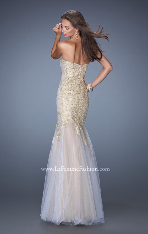 Picture of: Strapless Long Mermaid Prom Dress with Lace Applique in Gold, Style: 19363, Back Picture