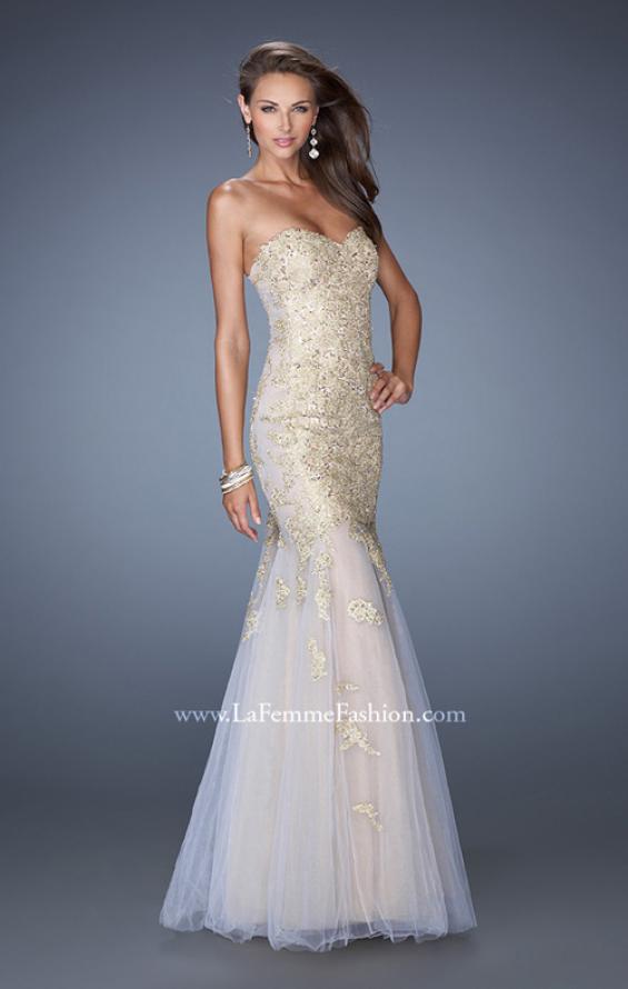 Picture of: Strapless Long Mermaid Prom Dress with Lace Applique in Gold, Style: 19363, Detail Picture 1