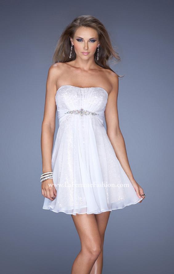 Picture of: Strapless Short Sequin Prom Dress with Chiffon Overlay in White, Style: 19415, Back Picture