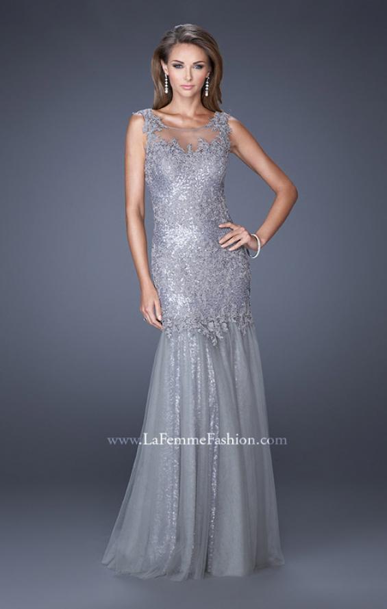 Picture of: Long Mermaid Sequin Prom Dress with Sheer Mesh Overlay in Silver, Style: 19485, Main Picture