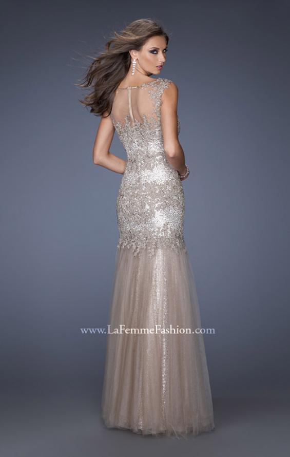 Picture of: Long Mermaid Sequin Prom Dress with Sheer Mesh Overlay in Nude, Style: 19485, Back Picture