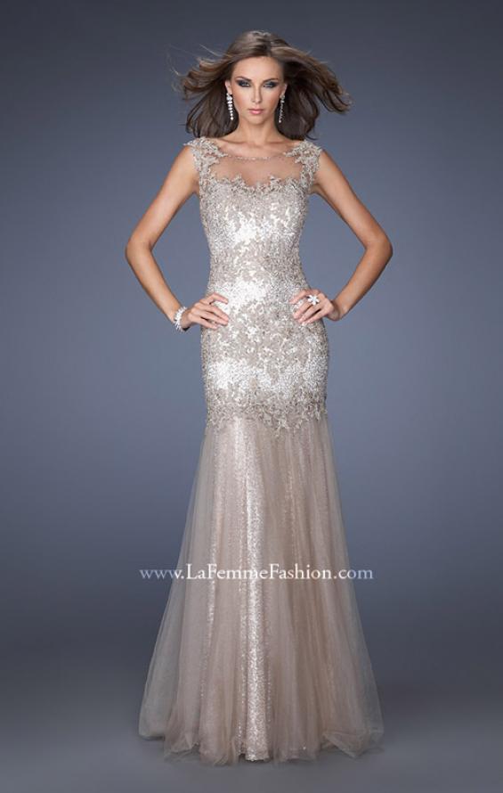 Picture of: Long Mermaid Sequin Prom Dress with Sheer Mesh Overlay in Nude, Style: 19485, Detail Picture 1
