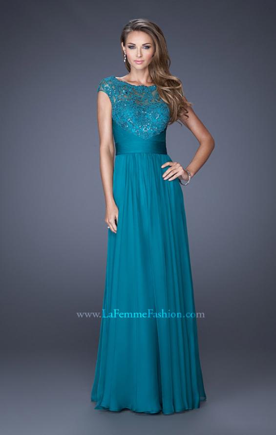 Picture of: Long Chiffon Prom Dress with an Illusion Lace Neckline in Blue, Style: 19487, Main Picture