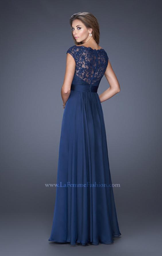 Picture of: Long Chiffon Prom Dress with an Illusion Lace Neckline in Blue, Style: 19487, Back Picture