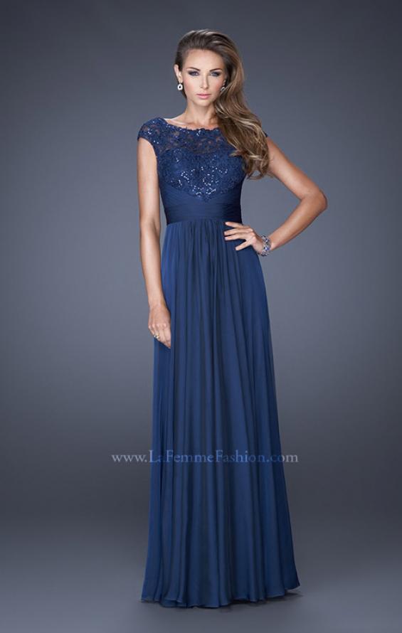 Picture of: Long Chiffon Prom Dress with an Illusion Lace Neckline in Blue, Style: 19487, Detail Picture 1