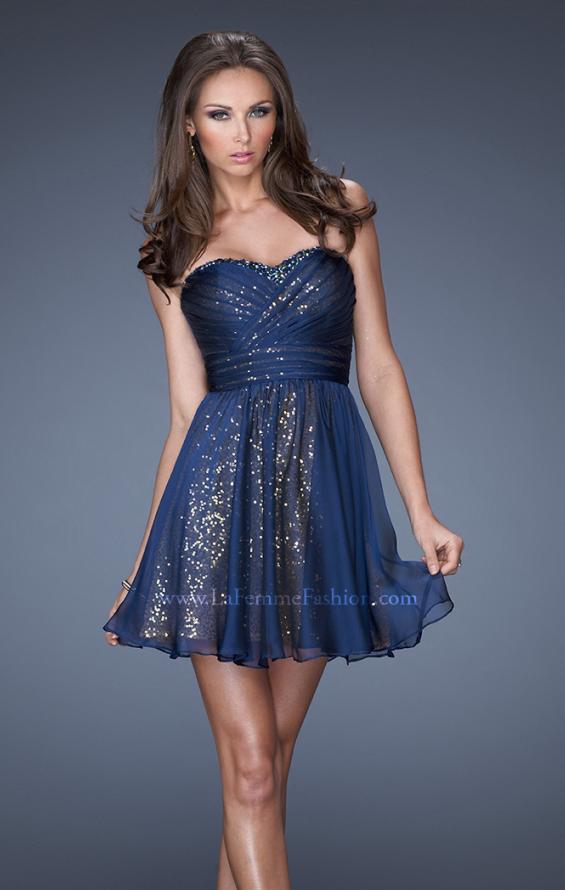 Picture of: Strapless Short Sequin Prom Dress with Chiffon Overlay in Blue, Style: 19510, Main Picture