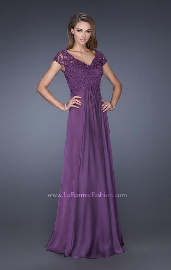 Picture of: Long Chiffon Dress with Lace Bodice and Cap Sleeves in Purple, Style: 19544, Main Picture