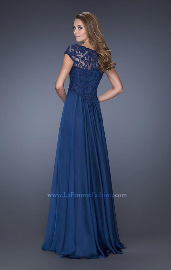 Picture of: Long Chiffon Dress with Lace Bodice and Cap Sleeves in Blue, Style: 19544, Back Picture