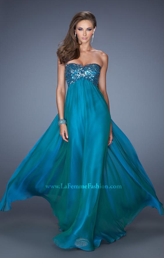 Picture of: Strapless Chiffon Prom Dress with Sequined Lace Bodice in Blue, Style: 19565, Detail Picture 1