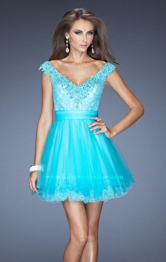 Picture of: Short Prom Dress with Tulle Skirt and Embellished Lace Bodice in Blue, Style: 19572, Main Picture