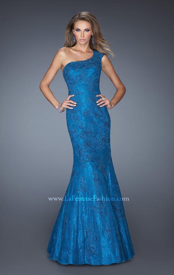 Picture of: One Shoulder Mermaid Prom Dress with Lace Overlay in Blue, Style: 19604, Main Picture