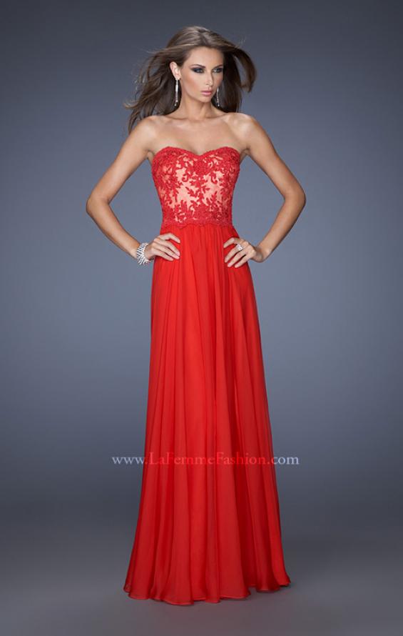 Picture of: Strapless Long Fitted Chiffon Gown with Lace Overlay Bodice in Red, Style: 19605, Main Picture