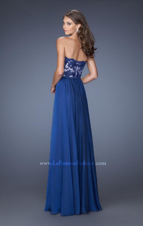 Picture of: Strapless Long Fitted Chiffon Gown with Lace Overlay Bodice in Blue, Style: 19605, Back Picture