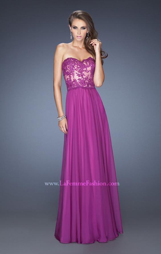 Picture of: Strapless Long Fitted Chiffon Gown with Lace Overlay Bodice in Purple, Style: 19605, Detail Picture 1