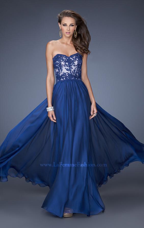Picture of: Strapless Long Fitted Chiffon Gown with Lace Overlay Bodice in Blue, Style: 19605, Detail Picture 2