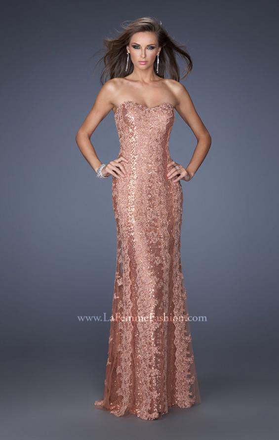 Picture of: Long Strapless Sequin Gown with Sheer Lace Overlay in Brown, Style: 19612, Main Picture