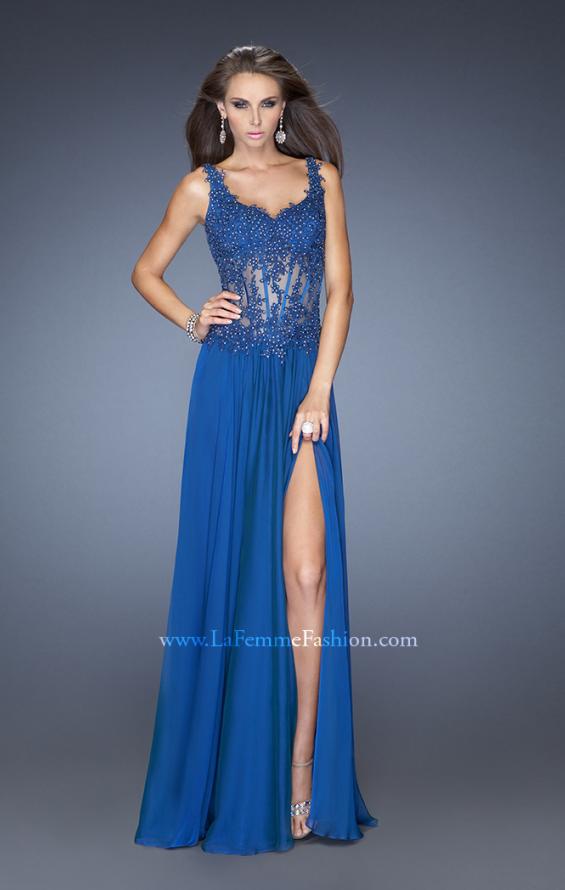 Picture of: Long Prom Gown with Sheer Beaded Lace Bodice in Blue, Style: 19615, Main Picture