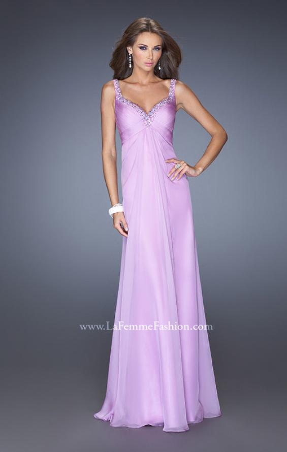 Picture of: Long Chiffon Prom Gown with Empire Waist and Ruched Bodice in Purple, Style: 19647, Detail Picture 1