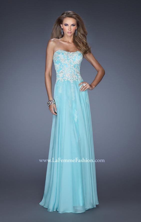Picture of: Strapless Chiffon A-line Prom Dress with Lace Underlay in Blue, Style: 19673, Main Picture